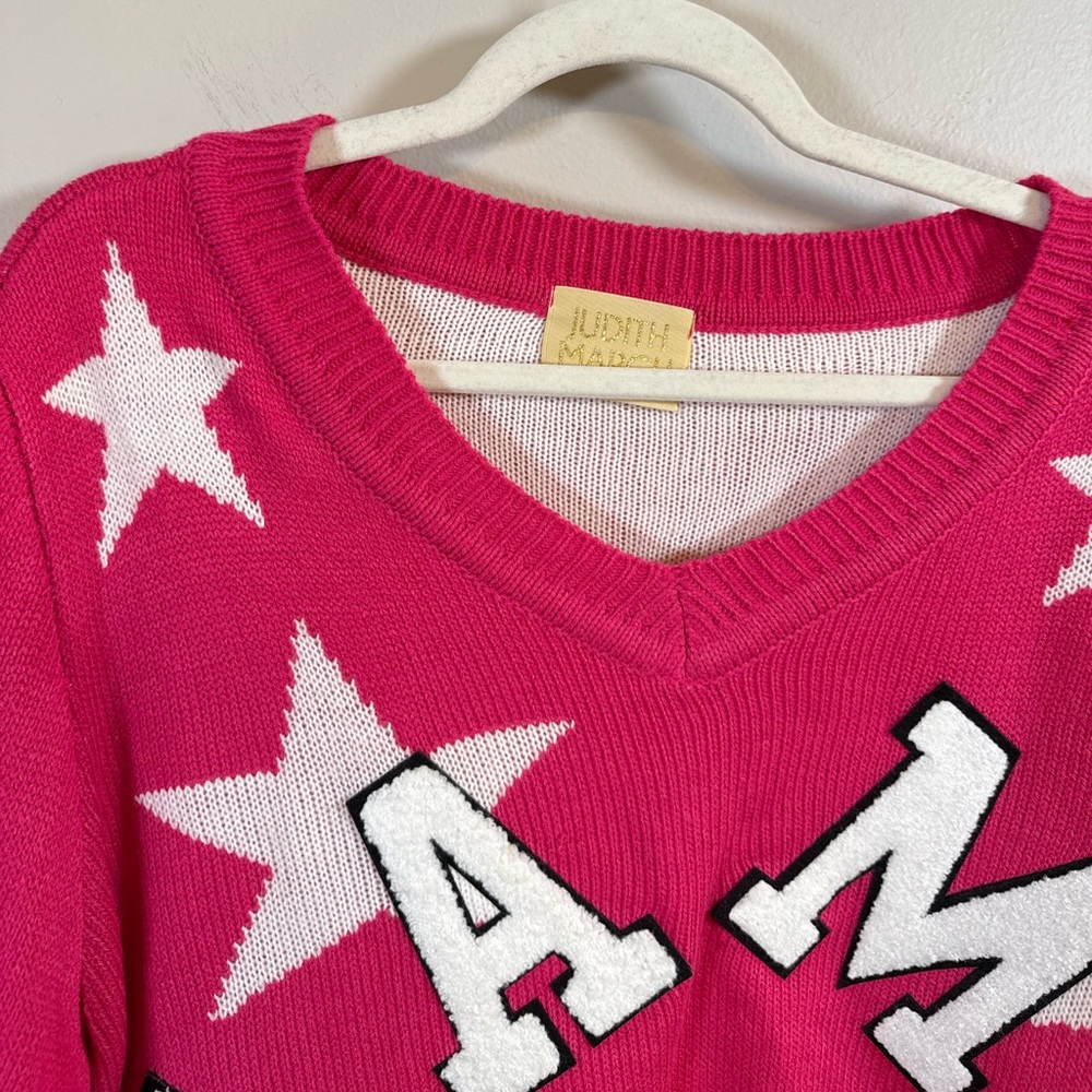 Judith March • Hot Pink MAMA Chenille Patch Star Varsity Oversized Sweater Sz M - Picture 4 of 9